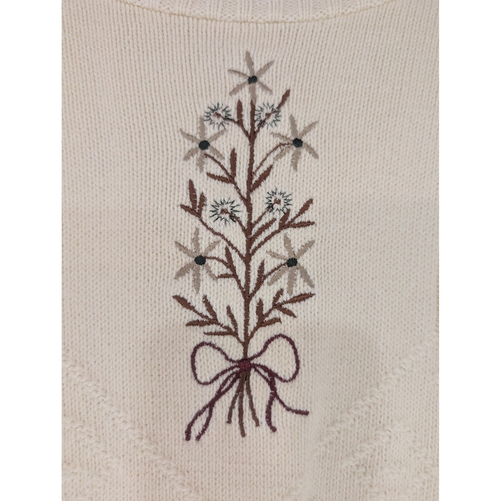 GRACE XL Cream Textured Knit Sweater Floral Embroidery Long Sleeve Pullover - Picture 2 of 4
